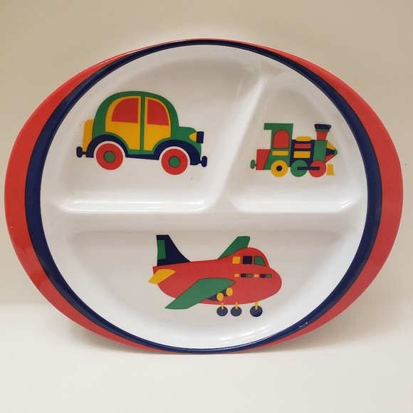 Vintage Melamine Childs Plate Divided Dish Train Plane Car Some Marks See Photos - Picture 1 of 8